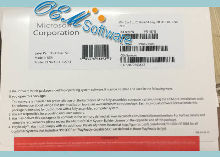 密封されたパッキングWindowsサーバー2016 R2標準的なOEMソフトウェアCoaのキーのステッカー免許証